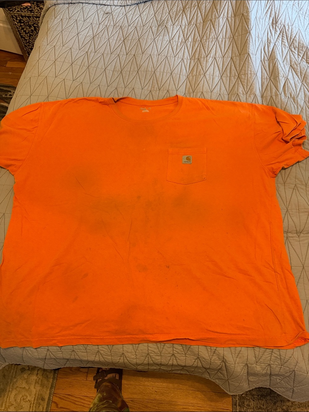 Carhartt Men’s Short-Sleeve Pocket Tee in High-Visibility Orange very stained